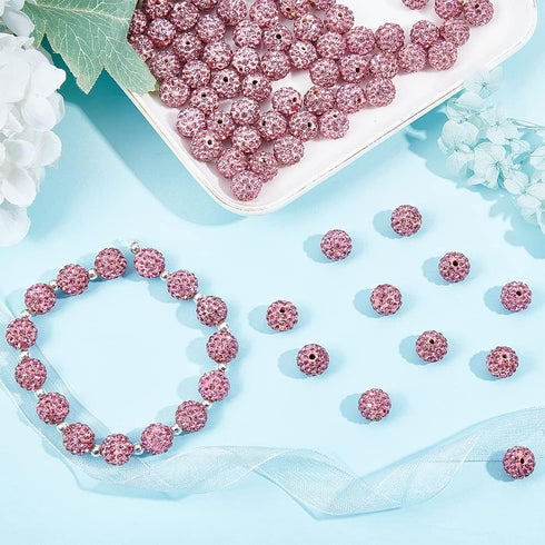 PandaHall 100pcs Pink Rhinestone Beads - 10mm Pink Clay Polymer Crystal Disco Ball Round Diamond Clay Beads for Necklace & Bracelet DIY Crafts...