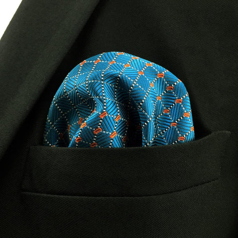 SHLAX&WING Blue Mens Pocket Square Silk Hanky Checkered 12.6 inches Large Size...