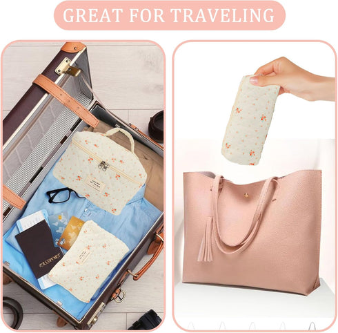 3Pcs Floral Quilted Makeup Bag, Aesthetic Makeup Bag Coquette Makeup Bag Set, Large Capacity Travel Cosmetic Bags for Women Girls (Flowers)...