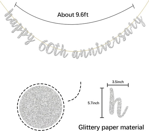Glitter Silver Happy 60th Anniversary Banner - Sixty Sign - Birthday and Wedding Party Bunting Decoration...