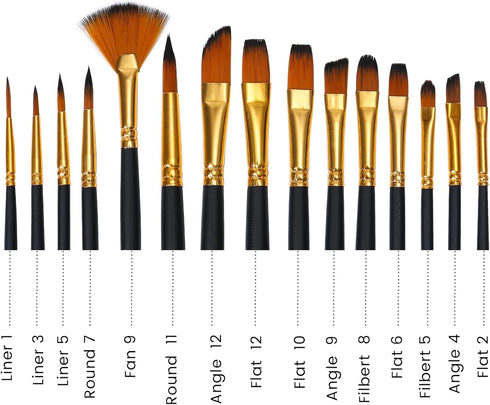 Acrylic Paint Brushes Set 15 Pieces, Nylon Bristle Paintbrushes for Acrylic Painting, Oil and Watercolor Brushes for Body Face Rock Canvas Miniatu...