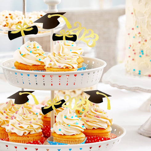48 PCS Graduation Cupcake Toppers - 2023 Graduation Decoration, Glitter Class of 2023 Food Appetizer Picks, Graduation Theme Party Supplies Gold M...