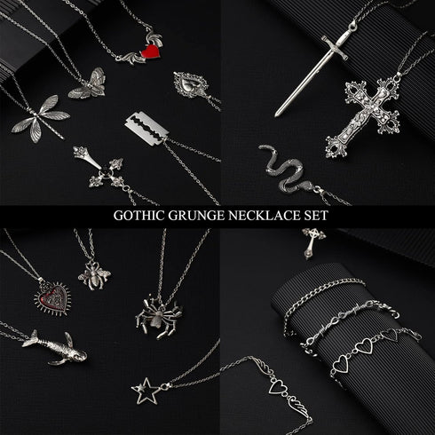Bonuci 30 Pieces Grunge Necklace Set Goth Cross Necklace Y2k Necklace Punk Rock Vintage Harajuku Gothic Feather Chain Choker Necklace Jewelry Cost...