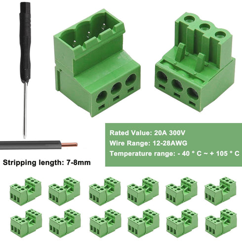 Tnisesm 12Pcs 3 Pin Screw Terminal Block Connector 5.08mm Pitch Pluggable with 3 Pin Phoenix Plug 300V 15A for 28-12AWG Cable...