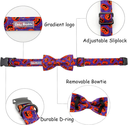Dog Collar - Halloween Pumpkin Bowtie Dog Collar Gift Soft Bow Collar Pet Adjustable Metal Buckle Dog Collar for Large Dogs...
