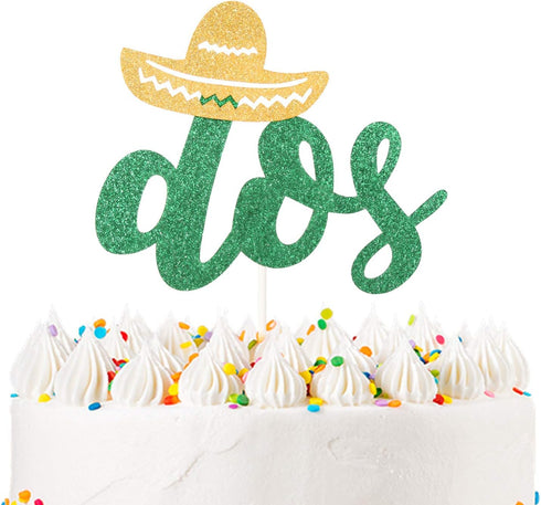 Dos Cake Topper Fiesta Party Second Birthday Spring Summer Party Decoration Supplies Handmade Green Double Side Glitter...