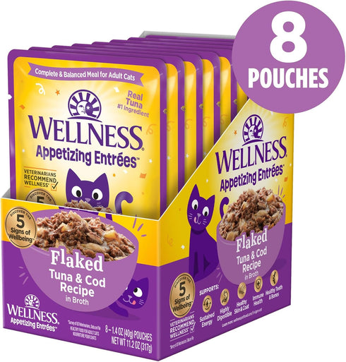 Wellness® Appetizing Entrées™ Flaked Tuna & Cod Recipe in Broth Natural Wet Cat Food, 1.4 oz Pouch (Pack of 8)...