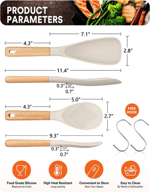 Cooking Spoon and Rice Scooper for Nonstick Cookwares, Great for Cooking and Serving Durable BPA-Free Matte Silicone, Wood Handle Spoon for Mixing...