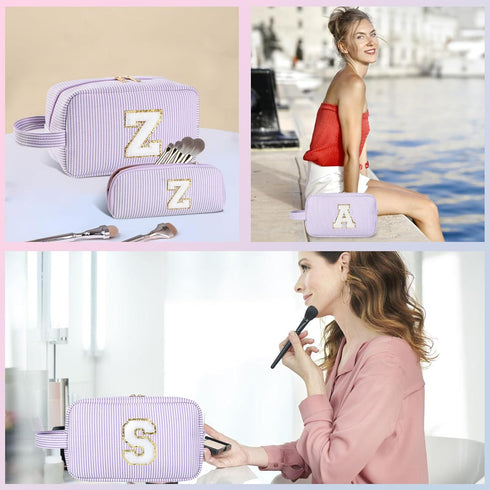 2pcs Personalized Initial Makeup Bag A-Z, Travel Toiletry Bag Monogram Make Up Bags Preppy Cosmetic Bag Makeup Pouch Birthday Graduation Gifts Bag...