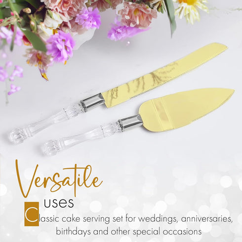 Cake Knife and Server Set, Cake Cutter and Pie Spatula, Gold Blade and Faux Crystal Handle Wedding Cake Cutting Set, Stainless Steel Gold Knife Se...