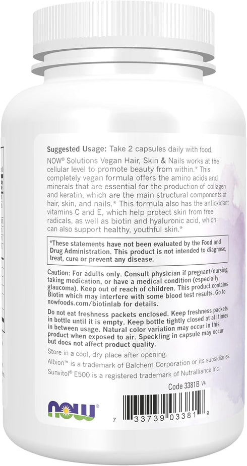 NOW Solutions, Vegan Hair, Skin & Nails, Nutritional Support with 5,000 mcg Biotin, 90 Veg Capsules...