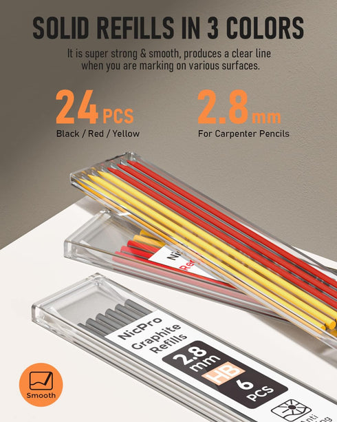 Nicpro 2 Pack Carpenter Pencil Set with Sharpener & Finger Grip, Mechanical Woodworking Pencils with 26 Refills (Red, Black, Yellow), Deep Hole Ma...