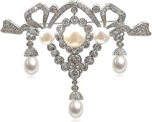 Magnificent Vintage Clear White Ribbon Trio Pearl Drop Brooch Pin Edwardian Jewelry...