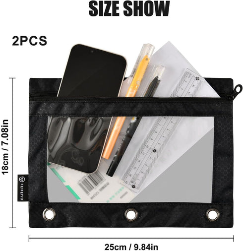 Binder Pencil Pouch 3 Ring Black Zipper Pencil Pouches Case 2 Pack Clear Window Binder Organizer for School Office...