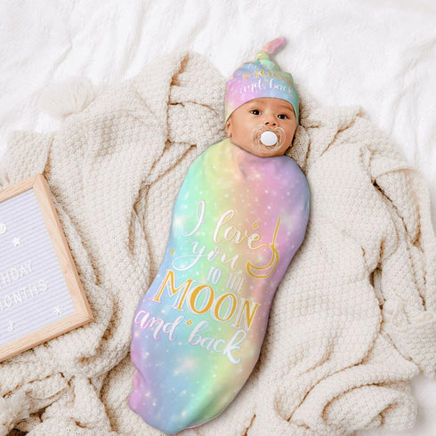I Love You to The Moon and Back Newborn Swaddle Blankets Hat Sets Soft Stretchy Rainbow Sleep Sack Baby Stuff Receiving Blanket Gifts for Infant B...