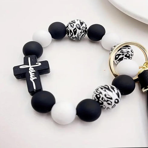 Wristlet Bracelet Keychain for Women,Silicone/Wood Cross Leopard Beaded Bracelet with PU Tassel,Clip Key Holder...
