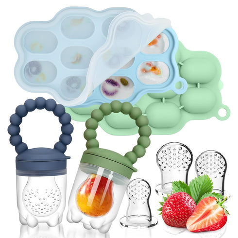 Silicone Baby Fruit Food Feeder, 2 Pack Freezer Tray with lid for Batch Prep,Introduce New Foods, Breastmilk Popsicle Molds, Silicone Teething Toy...