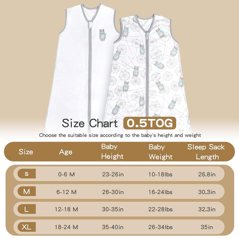 TILLYOU Sleep Sack 12-18 Months - 0.5 TOG Baby Wearable Blanket with 2-Way Zipper, Extra Soft Cotton Sleeveless Sleeping sack 2 Pack, Bear & Dande...