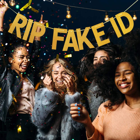 Pre-Strung Funny 21st Birthday Decorations for Him Her Gold Glitter Pre-Strung 21st Birthday Banner for Him Rip Fake ID Backdrop 21 Birthday Party...