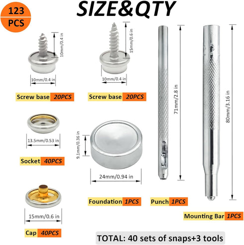 Hoeine Canvas Snap Kit, 40 Sets Marine Grade Boat Cover Snaps Heavy Duty Snap Fastener Kit Stainless Steel Snap Button Kit for Replacement Snaps f...