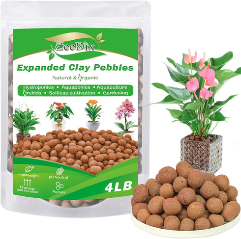 ZeeDix 4LBS Expanded Clay Pebbles for Plants, 4mm-16mm Leca for Plants Clay Aggregate Grow Media, Natural Organic Clay Balls for Hydroponic, Garde...