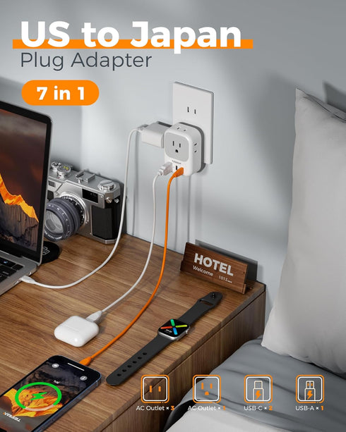 TESSAN US to Japan Plug Adapter 2 Prong to 3 Prong Outlet Adapter with 4 Outlets 3 USB (2 USB-C), Outlet Converter US to Japan China Mexico Philip...