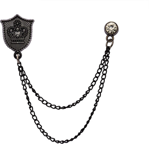 Lapel Pin for Men Shield with Crown Engraving and Hanging Crystal Chain Brooch Suit Stud, Shirt Studs Men's Accessories (Black)...
