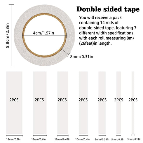 14 Rolls Double Sided Tape for Crafts Scrapbooking Multi-Purpose and Multi-Size Tape for Arts, Photography, Gift Boxes, Card Making, Paper Backing...