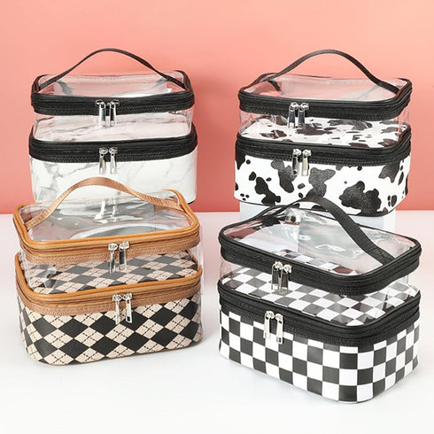 Double Layer Cosmetic Bag Toiletry Bag Makeup Bag Organizer Large Capacity Waterproof Makeup Case for Travel and Daily Use (coffee diamond plaid)...