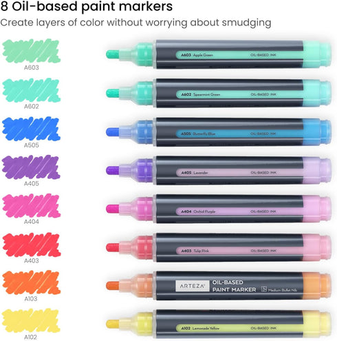 ARTEZA Pastel Oil-Based Markers, 8-Pack, 2.5 mm Line, Large Barrel, Quick-Drying Permanent Marker Pens with Bullet Nib, Craft and Art Supplies...