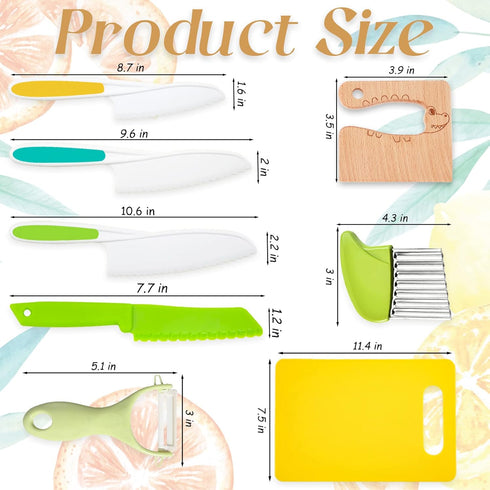 8 Pieces Wooden Kids Kitchen Knifes for Real Cooking Include Plastic Toddler Knife, Wood Kids Safe Knives, Potato Slicers, Serrated Edges Cooking ...