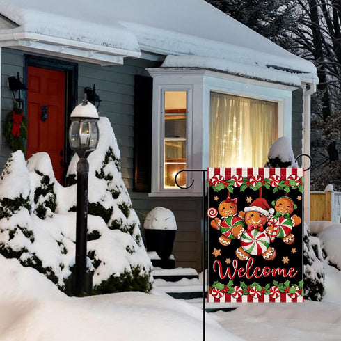 Welcome Christmas Gingerbread Man Small Decorative Garden Flag, Xmas Peppermint Candy Holly Red Berries Yard Lawn Outside Decor, Winter Holiday Fa...