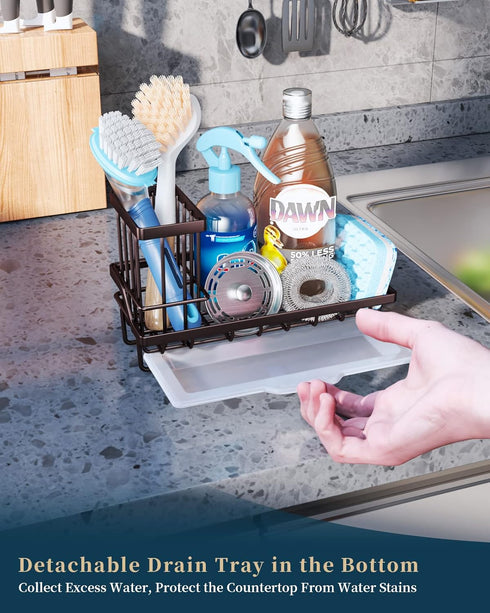 Consumest Sink Caddy Kitchen Sink Organizer, Sponge Holder for Kitchen Sink with Removable Drip Tray for Countertop Dish Soap Holder Dispenser Bru...