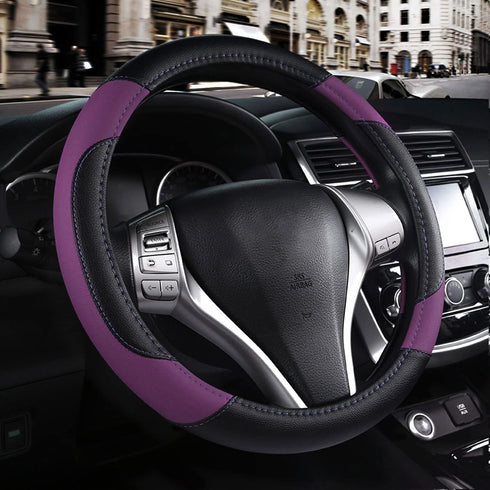 Leather Car Steering Wheel Cover, Non-Slip Car Wheel Cover Protector Breathable Microfiber Leather Universal Fit for Most Cars (Purple-2)...