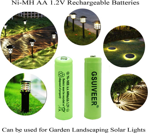 Solar Light AA Ni-mh 600mAh 1.2V Rechargable Batteries AA Rechargeable Batteries for for Solar Lights (20 Pack)...