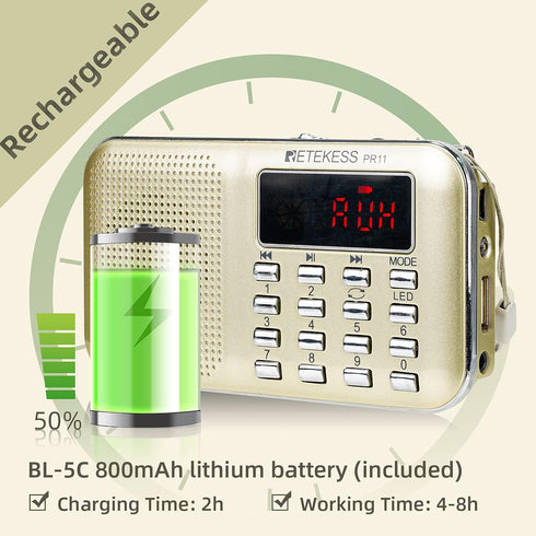 Retekess PR11 AM FM Radio Portable, Rechargeable Transistor Radios Small, with Headphone Jack MP3 Music Player Speaker Support Micro SD Card for O...