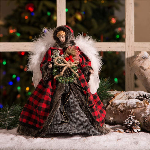Glitzhome Handmade Plaid Angel Figurine Christmas Treetop Ornament Decoration 12" H - Red & Black...