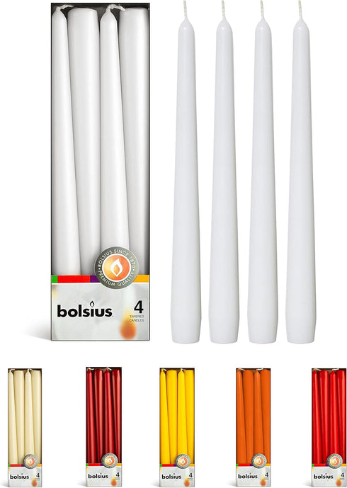 BOLSIUS White Taper Candles - 4 Pack Unscented 10 Inch Dinner Candle Set - 8 Hours Burn Time - Premium European Quality - Smokeless and Dripless H...