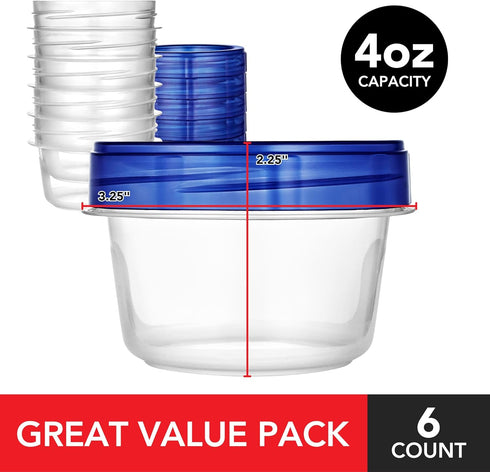 Stock Your Home 4oz Plastic Containers with Twist Top Lids (6 Pack), 1/2 Cup Small Freezer Containers for Leftover Food, Airtight Reusable Soup Co...