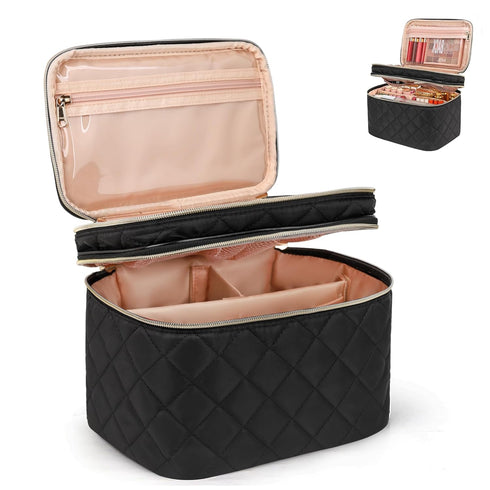 Travel Makeup Bag Organizer, Large Make Up Bag for Women, Double Layer Cosmetic Bag with Removable Dividers, Portable Makeup Case Storage, Black...
