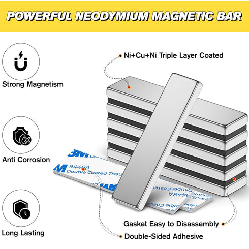 12 Pack Strong Neodymium Magnets, Powerful Permanent Rare Earth Bar Magnet with Double-Sided Adhesive, Heavy Duty Magnets Bar Flat Neodymium Magne...