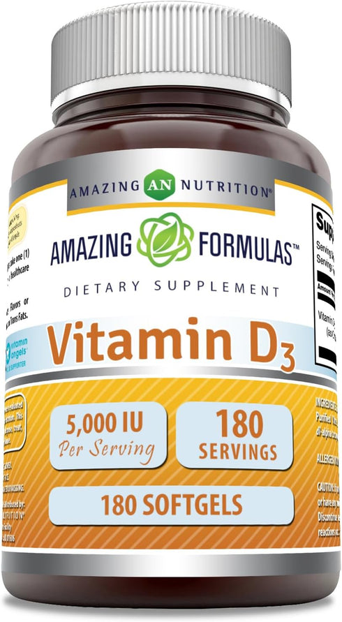 Amazing Formulas Vitamin D3 Cholecalciferol Supplement | 5000 IU Per Serving | Softgels | Non-GMO | Gluten-Free | Made in USA (180 Count)...