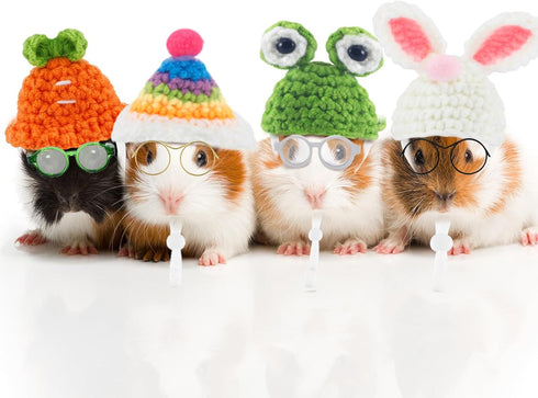 8 Pcs Hamster Hat Pet Round Costume Glasses Includes 4 Pcs Knitted Small Animals Hat with Adjustable Strap and 4 Pairs of Pet glasses for Small An...
