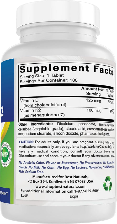 Best Naturals Vitamin K2 (MK7) with D3 Supplement Bone and Heart Health (5000 IU Vitamin D3 & 100 mcg Vitamin K2 MK7), 180 Tablets...