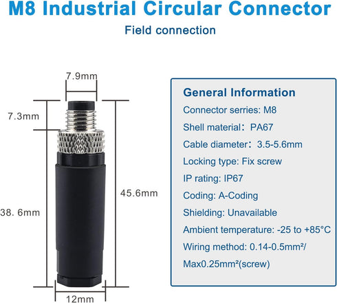 Industrial Sensor Connector Plug,Lonlonty Field Assembly M8 Connector 3-Pin A Coding UTP IP67 Waterproof Aviation Connector Adapter-Male,3 Pin,4Pa...