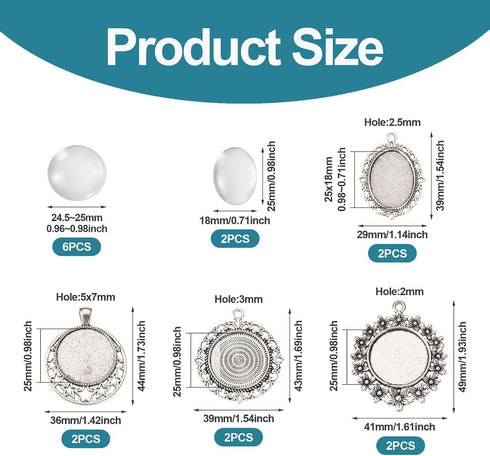FASHEWELRY 16Pcs Oval Round Bezel Pendant Trays Antique Silver Bezel Blanks Cabochon Setting with Clear Glass Cabochon for Photo Pendant Craft Jew...
