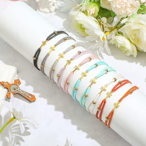 Junkin 50 Pcs Cross Bracelet for Women and Men Friendship Handmade Adjustable Strings Charm Rope Braided String Bracelet for Teens Kids Christian ...
