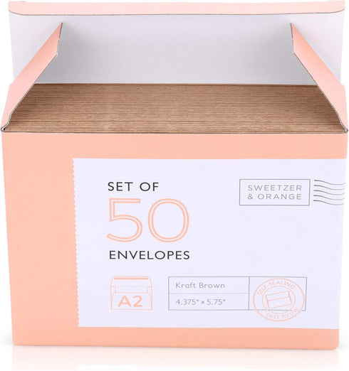 Sweetzer & Orange A2 Envelopes (50 with Box). Brown Envelopes Self Seal. Luxury 150gsm For Greeting Card Envelopes and Invitation Envelopes 4.375 ...