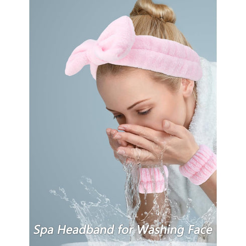 VELSCRUN 4 Pcs Spa Headband, Face Wash Headband, Skincare Headbands, Makeup Headband, Pink Puffy Sponge Hair Band Bow Tie Bubble Spa Headband Wris...