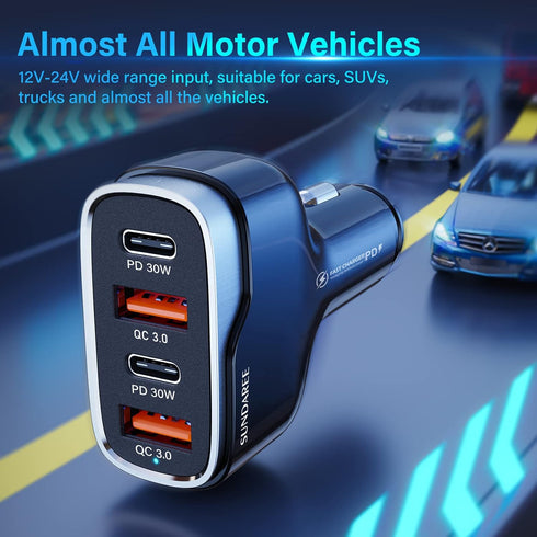 60W Fast Car Charger,SUNDAREE USB c Car Charger Fast Charging Cigarette Lighter Adapter, QC 3.0 18W & PD 30W Type c Car Charger with 3.3FT C to C ...